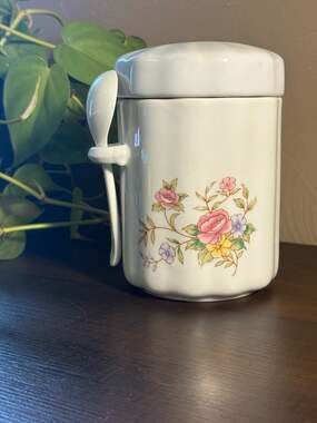 Vintage 1988 FTDA Floral Ceramic Canister with Lid and Spoon